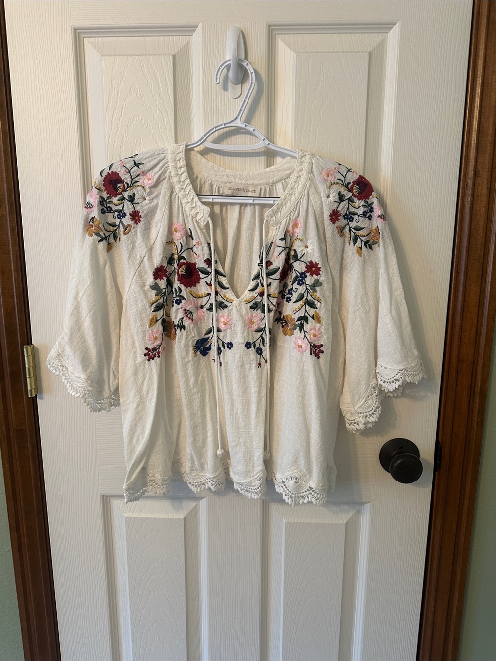 Embroidered Cream Peasant Blouse with Floral Detail